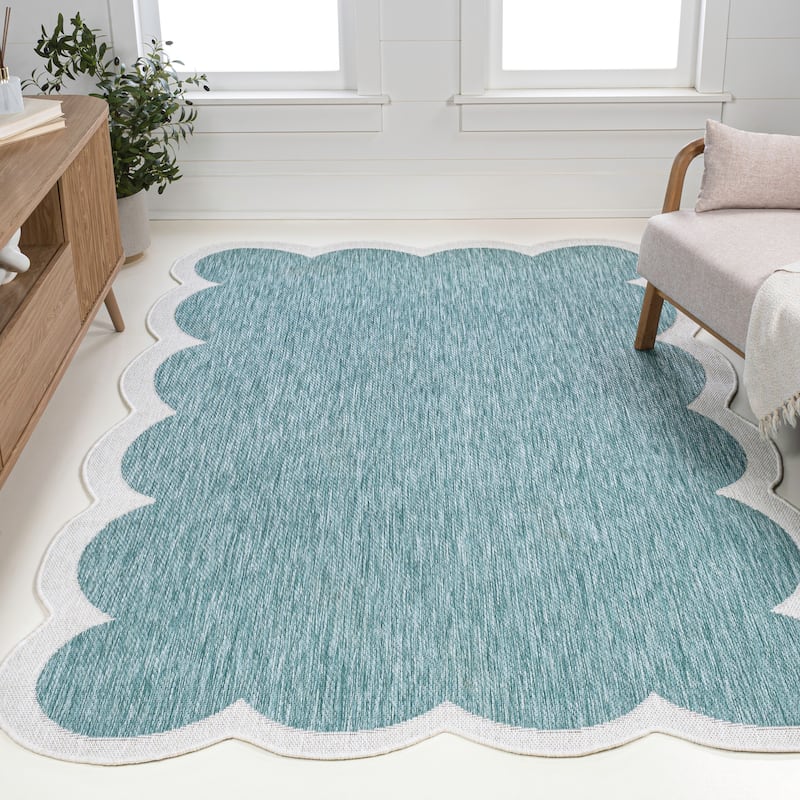 JONATHAN Y Alice Classic Cottage Two-Tone Scalloped Indoor/Outdoor Shaped Area Rug - 8' x 10' - Turquoise/Cream