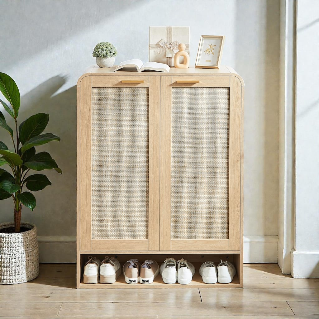 Rattan Shoe Cabinet with Doors, 6 Tier Wooden Shoe Storage Organizer with Adjustable Shelves for Entryway Hallway