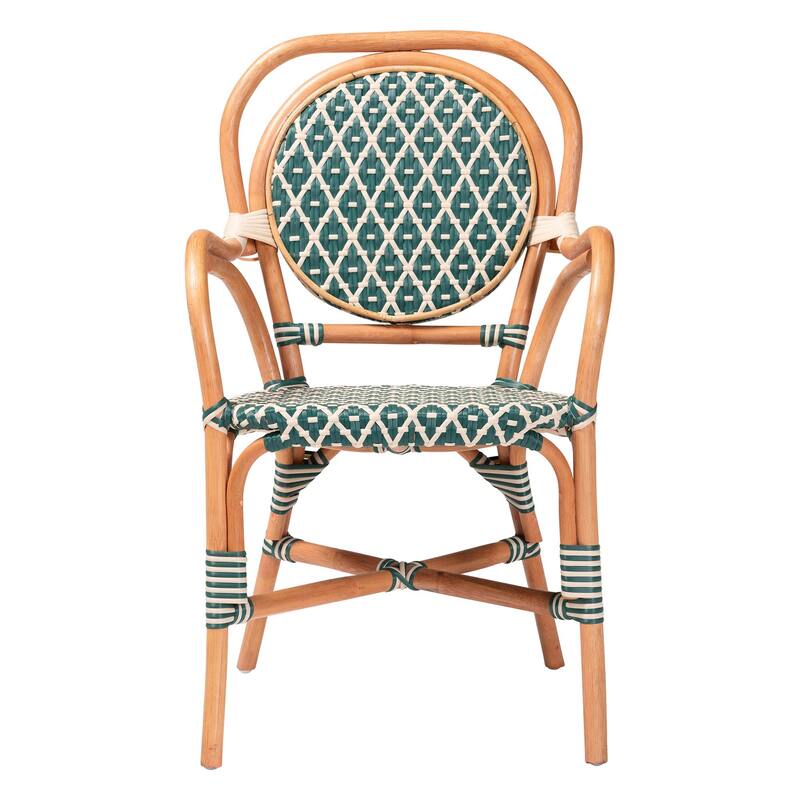 Mattie Rattan Bistro Chair - Handwoven Cafe-Style Dining Chair with Curved Arms for Kitchen or Indoor/Outdoor Lounge