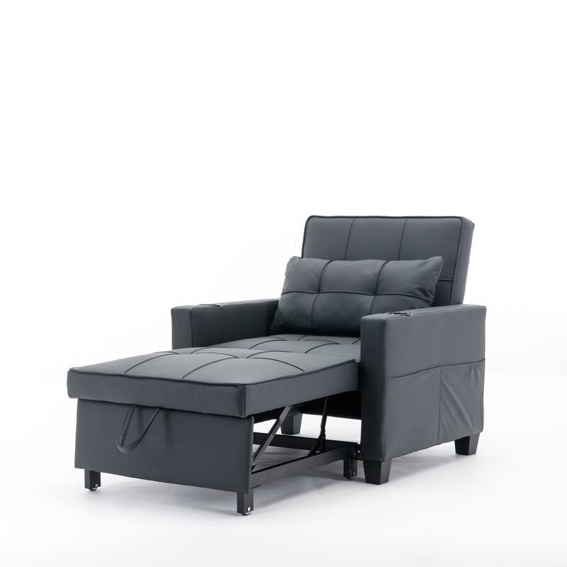 Leather Futon Armchair Bed with USB, Cup Holders & 3-Position Backrest