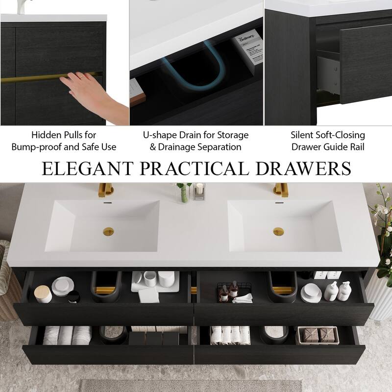 GDFStudio - Bennett 72-Inch Floating Bathroom Vanity with Stone Resin Basin and Soft-Close Storage Drawers