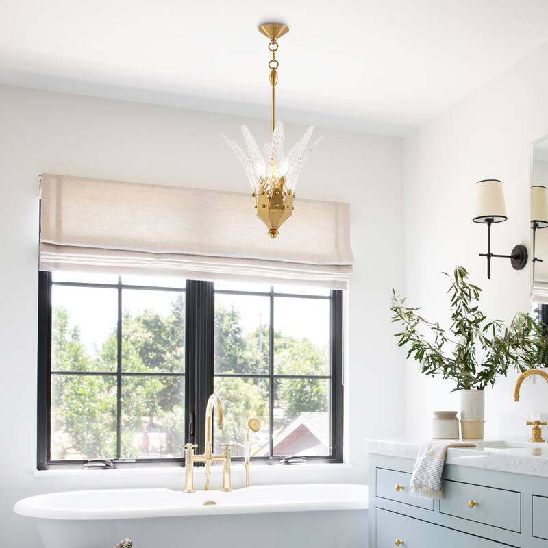 17" Modern Brass 3-Light Leaf Etched Glass Kitchen Chandelier Pendant Light