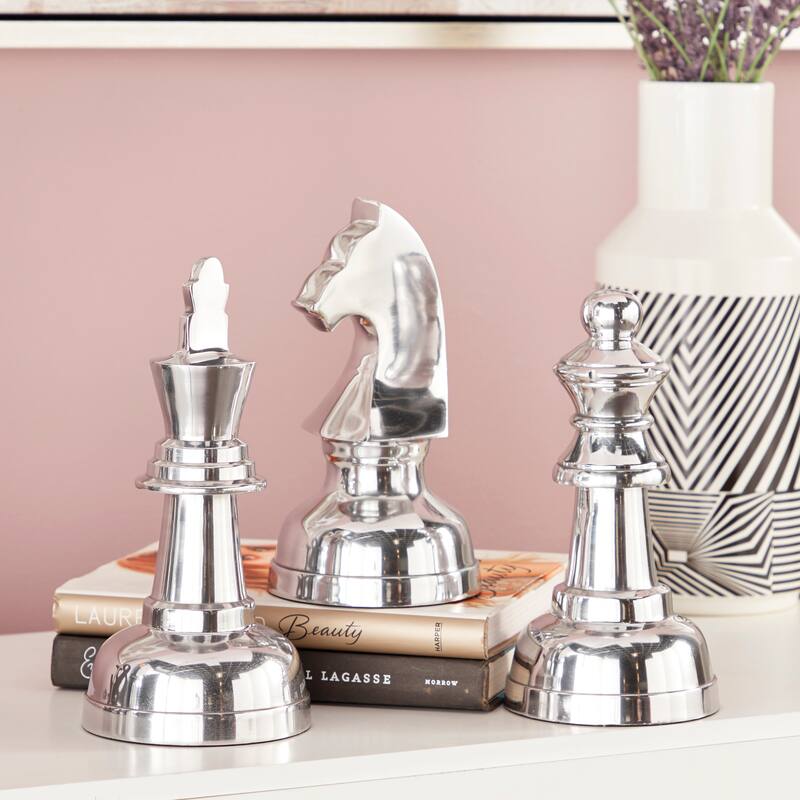 Aluminum Metal Chess Sculpture with Knight, Queen and King - Set of 3 Silver, Gold, Dark Gray - CosmoLiving by Cosmopolitan