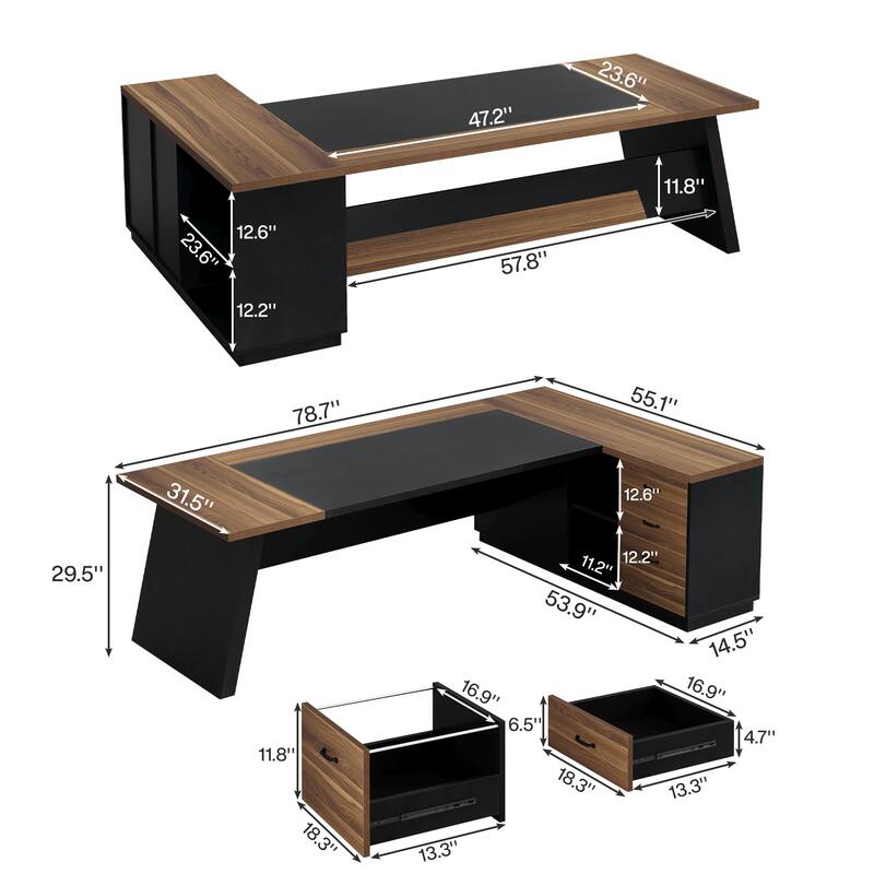 78.7" L-Shaped Executive Desk with File Cabinet & Drawers Light Walnut + Black