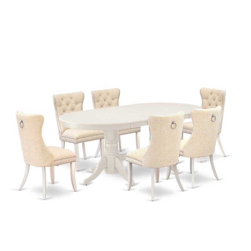 Oval Dining Table Set with 6 Chairs - Linen White Kitchen Table & Chair Set