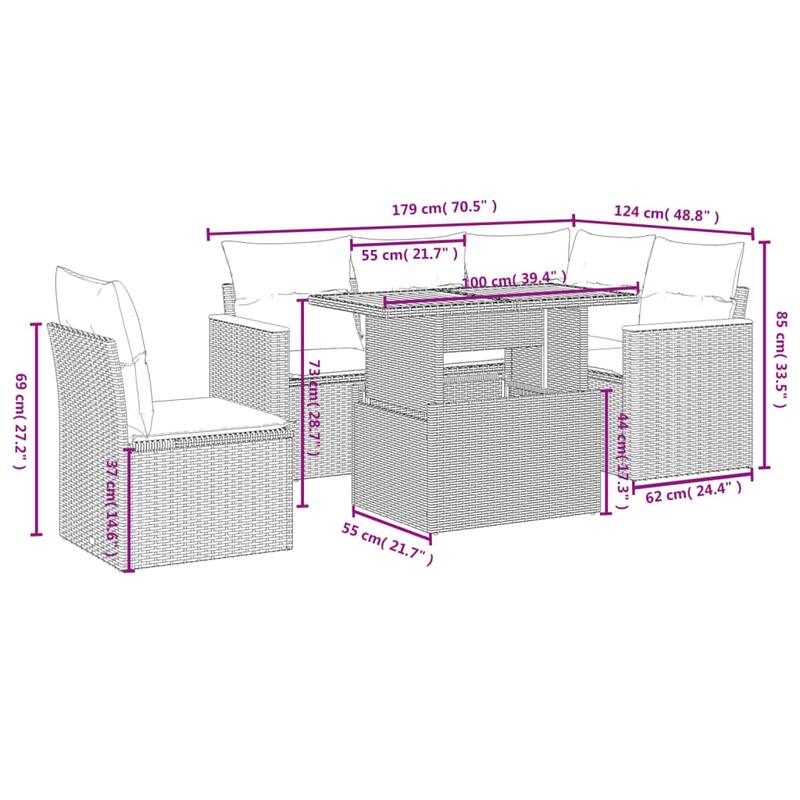 vidaXL Patio Sofa Set with Cushions Outdoor Furniture 6 Piece Poly Rattan - 24.4 x 24.4 x 27.2