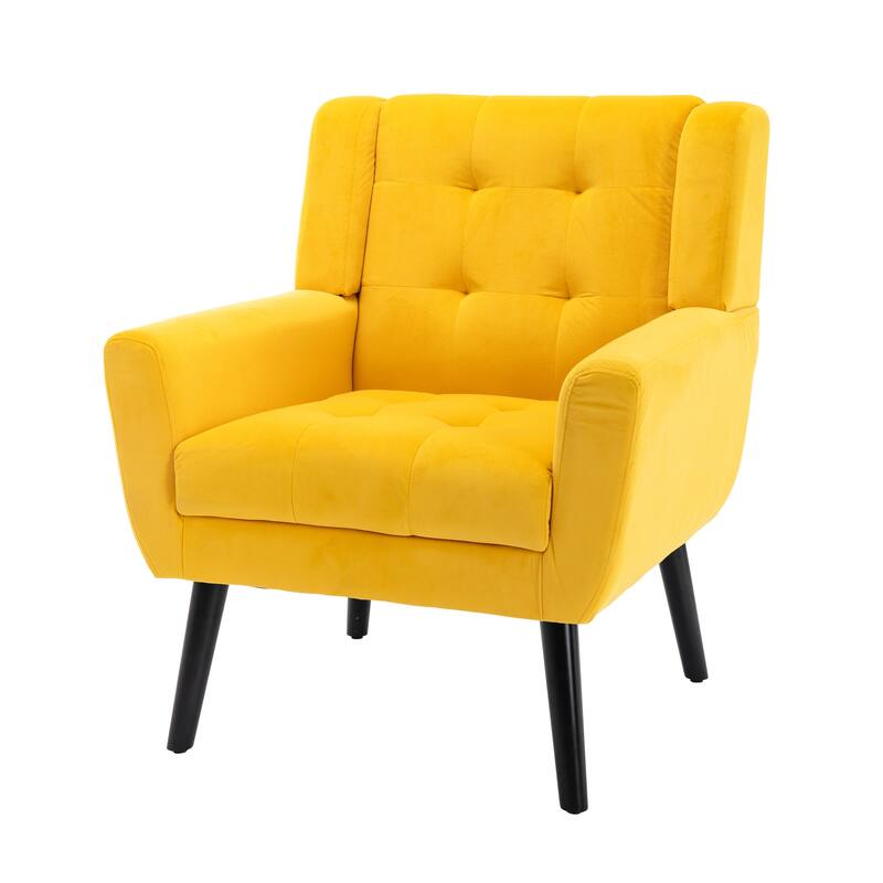 Yellow Velvet Modern 29.53" Upholstered Buttons Tufted Accent Chair with Black Solid Wood Legs