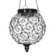 Exhart Solar Round Glass and Metal Hanging Lantern with 15 LED Fairy Firefly String Lights, 7 by 21 Inches