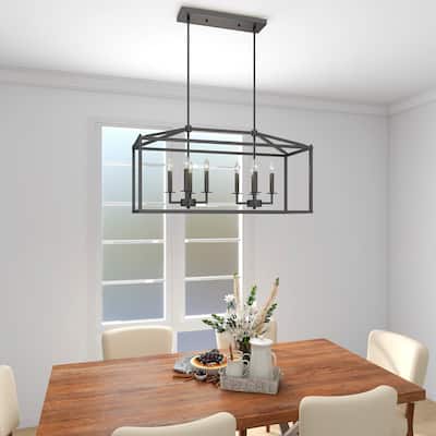 8-light pendant with soft black/gold finish and steel cage shade