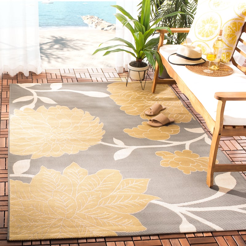 SAFAVIEH Courtyard Damaris Floral Indoor/ Outdoor Waterproof Patio Backyard Rug - 4' x 5'7" - Anthracite/Beige