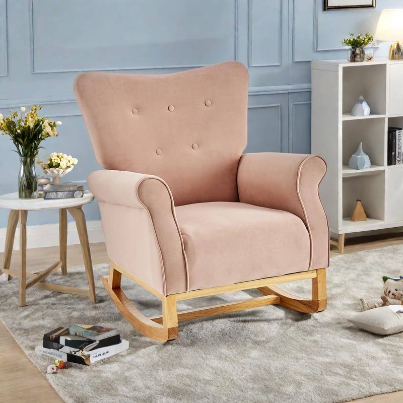 Velvet Nursery Rocking Chair with High Back and 250lb Capacity - Pink
