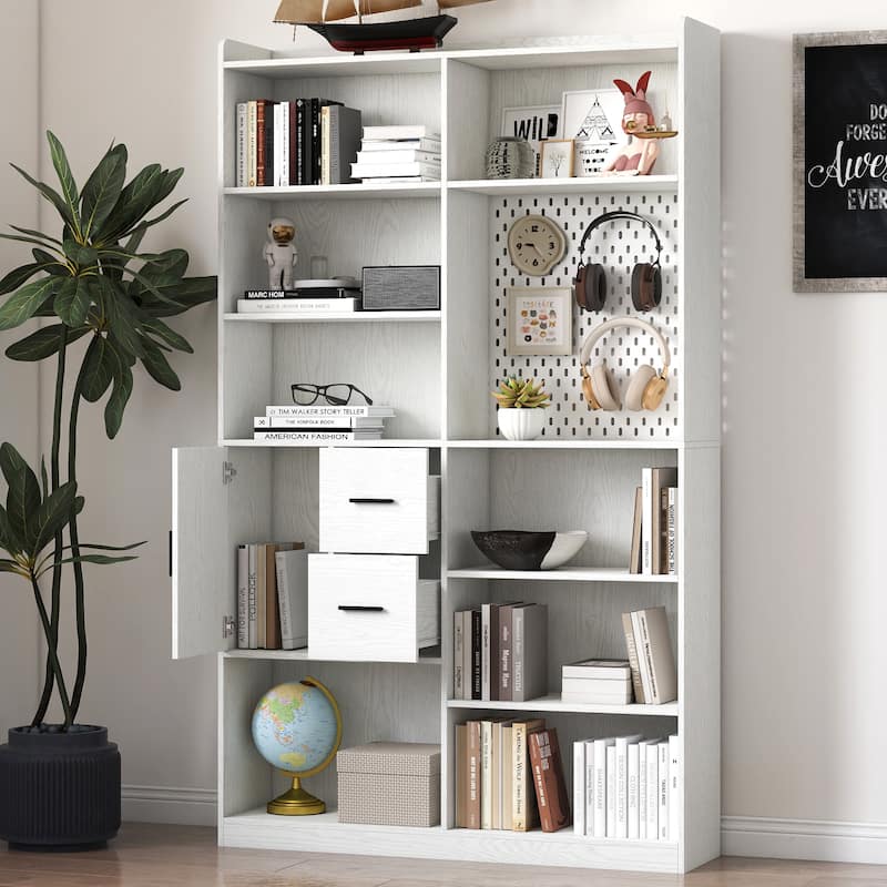9 Cubby Display Book Shelves, Modern Wide Wood Shelving Bookshelf and Bookcase with Pegboard and Drawer