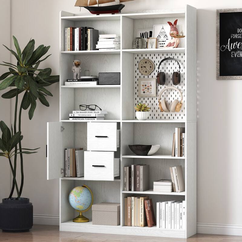 Modern White Wood Bookcase – 9-Cubby Display Shelf with Pegboard & Drawer – Wide Storage Unit for Living Room‌