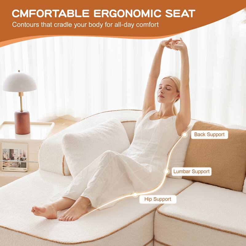 Modular Sectional Sofa with L-Shape Chaise, Teddy Fabric Boneless Cloud Couch, 32D High Density Sponge Upholstered Sofa