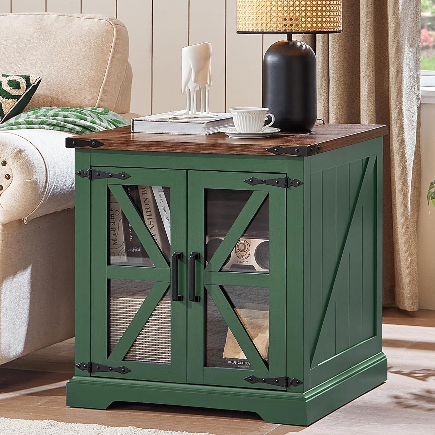 24 Inch Farmhouse End Table with Charging Station, Adjustable Shelf, and Glass Barn Door