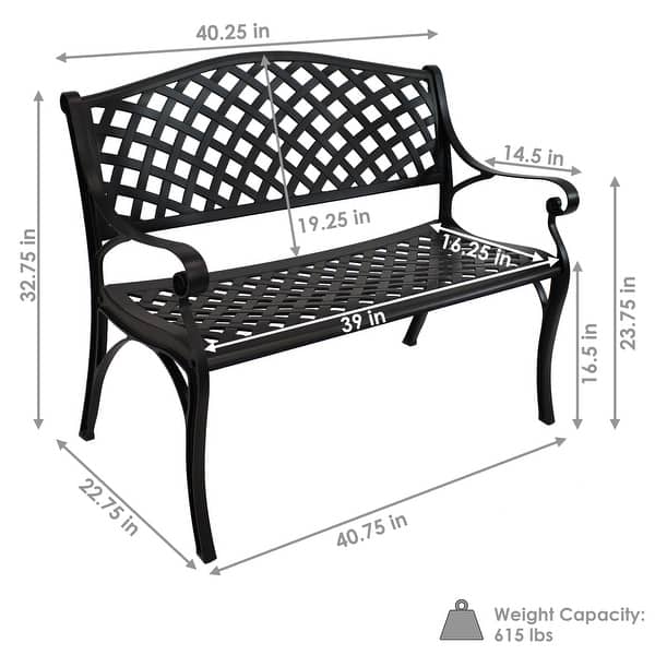 Sunnydaze 2-Person Black Checkered Cast Aluminum Outdoor Patio Garden Bench