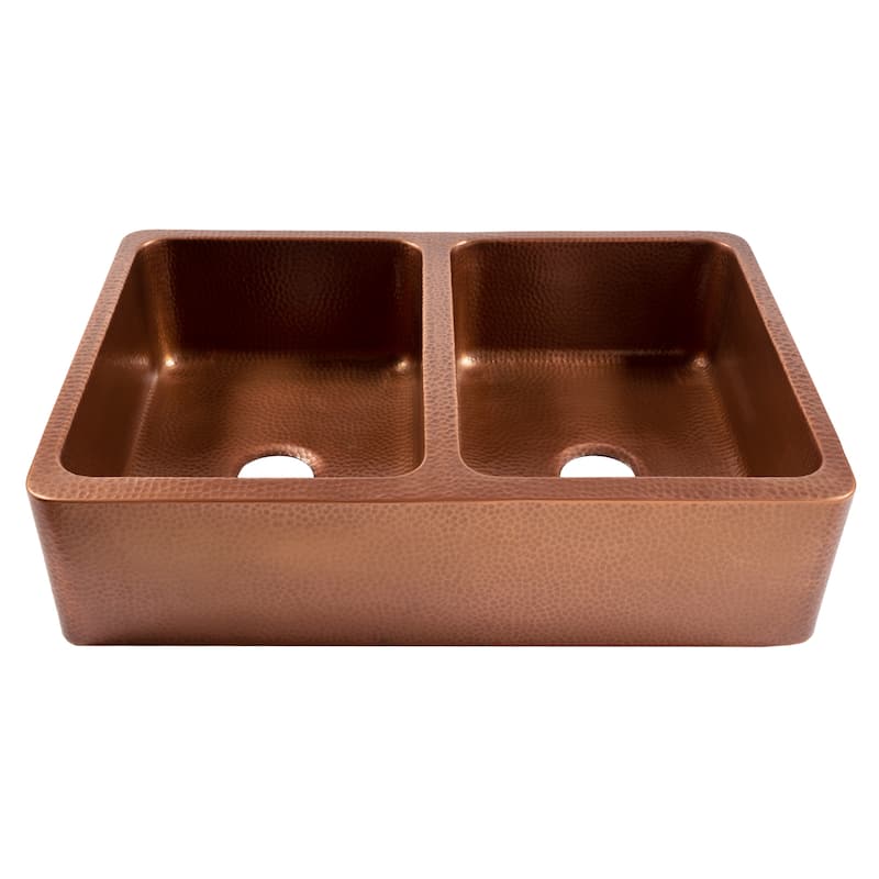 Lange Copper 32" Double Bowl Farmhouse Apron Front Undermount Kitchen Sink