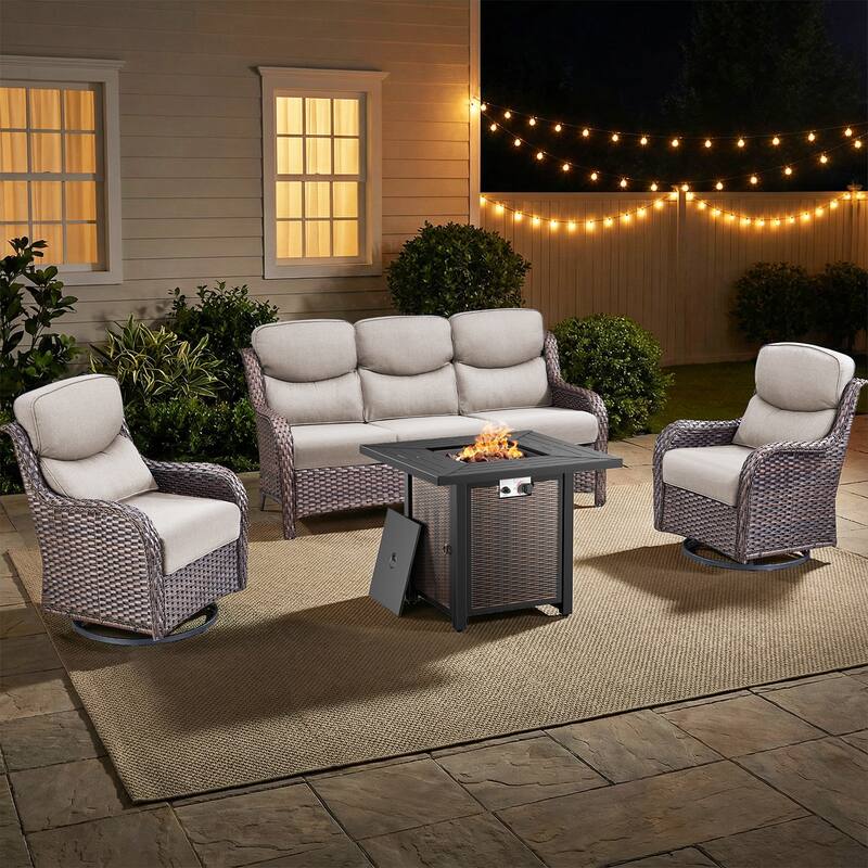 Pocassy 30 In Outdoor Propane Fire Pit Table Patio Sofa Chair Set. - Brown Wicker Beige Cushion - 4-Piece Sofa Swivel Chair w/ Fie Pit Table