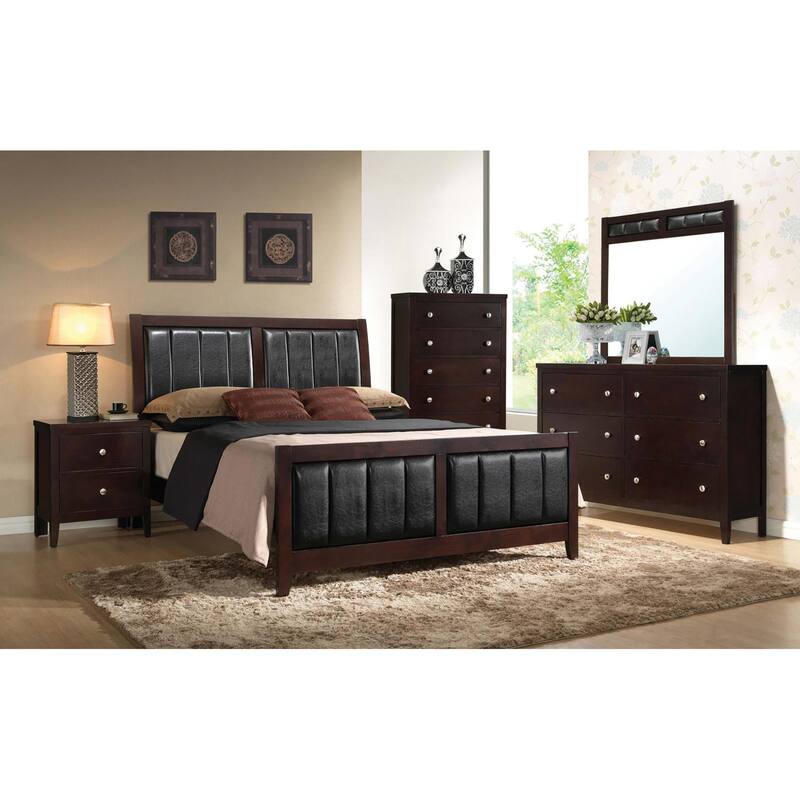 Queen Panel Bed in Black Faux Leather with Cappuccino Finish