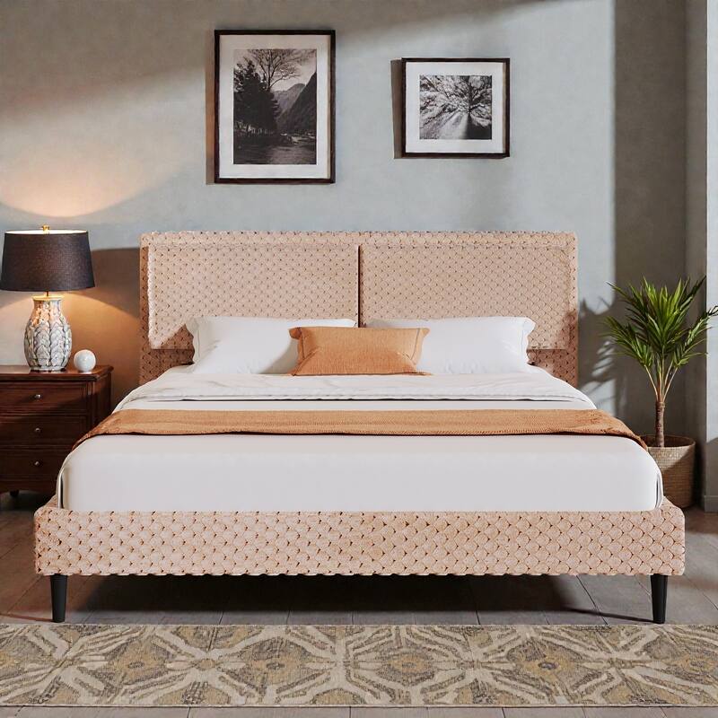Modern Plush Upholstered Bed with Soft Padded Backrest, Solid Wood Frame & Rounded Safety Design, Queen/King