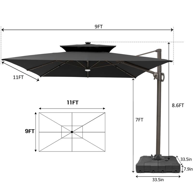 9 X 11 FT Outdoor Patio Cantilever Umbrella with Solar Lights Wheeled Base Double Canopy 360 Rotation Tilt