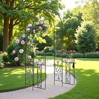 7.5' Metal Garden Arch with Gate Garden Arbor Trellis for Climbing ...