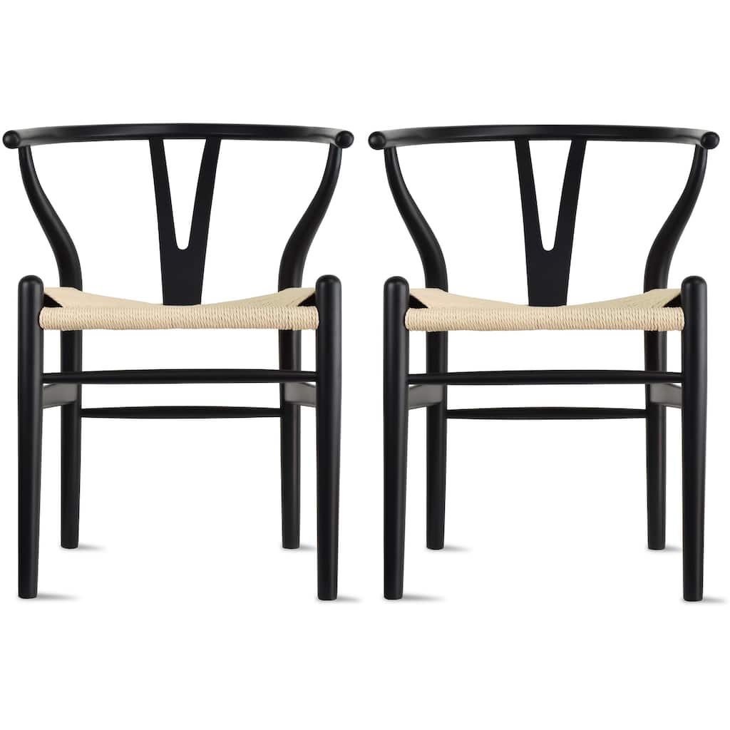 Set of 2 Black Modern Wood Dining Chair With Y Back Arm Armchair Hemp Seat For Home Restaurant Office