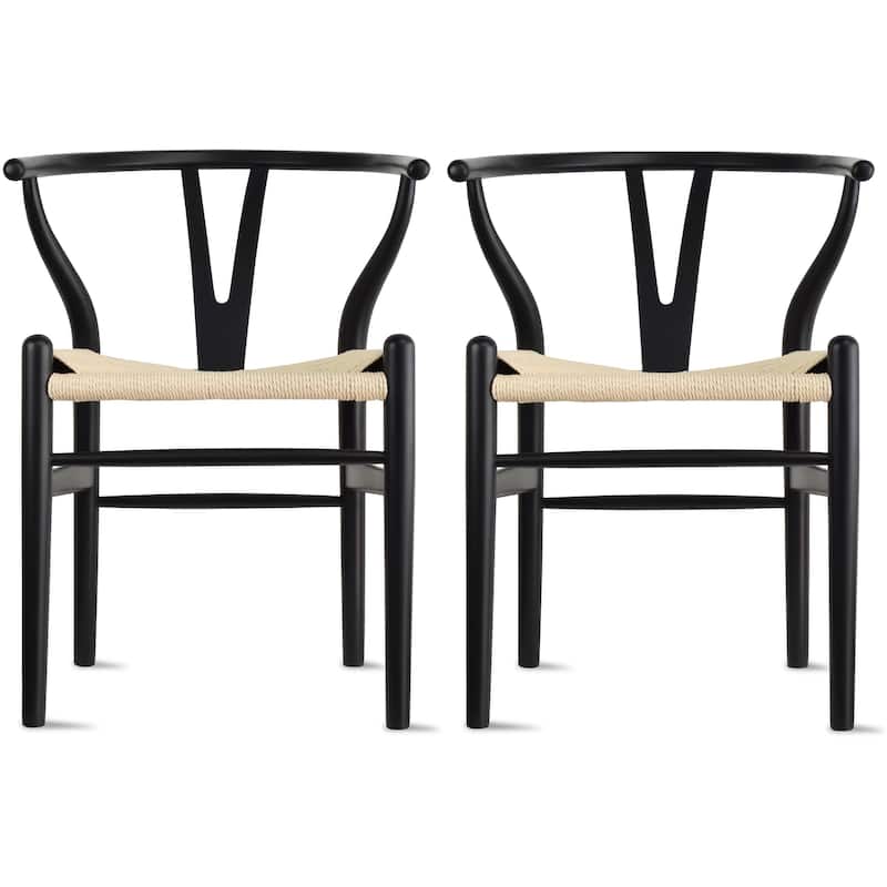 Set of 2 Modern Wood Dining Chair With Back Armchair Hemp Seat For Home Restaurant Office Kitchen - Black