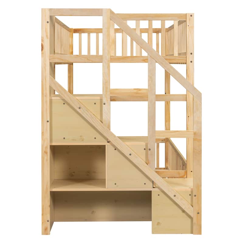 Twin Over Twin Floor Bunk Bed Frame with Storage Stairs and Door