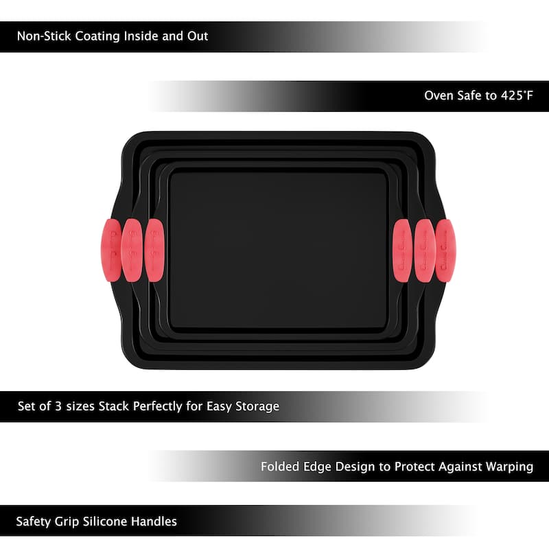 Baking Pans - 3-Piece Nonstick Cookie Sheets or Jelly Roll Cake Pan Set by Classic Cuisine (Black)