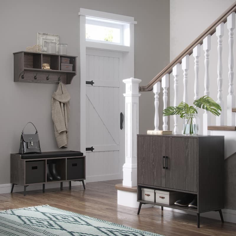 RiverRidge Woodbury Entryway Wall Coat Rack Storage with Hooks and Open Cubby Shelves for Hallway - Weathered Woodgrain