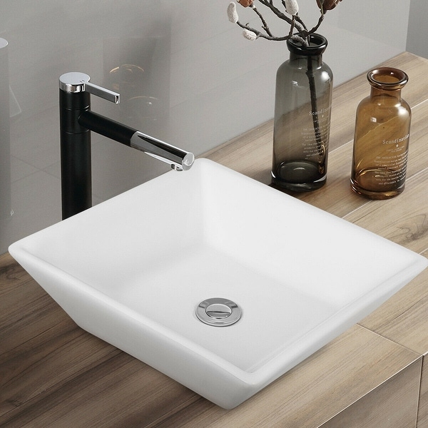 Gymax 16" x 16" Beveled Square Bathroom Ceramic Vessel Sink Art Basin w/ Pop-up Drain