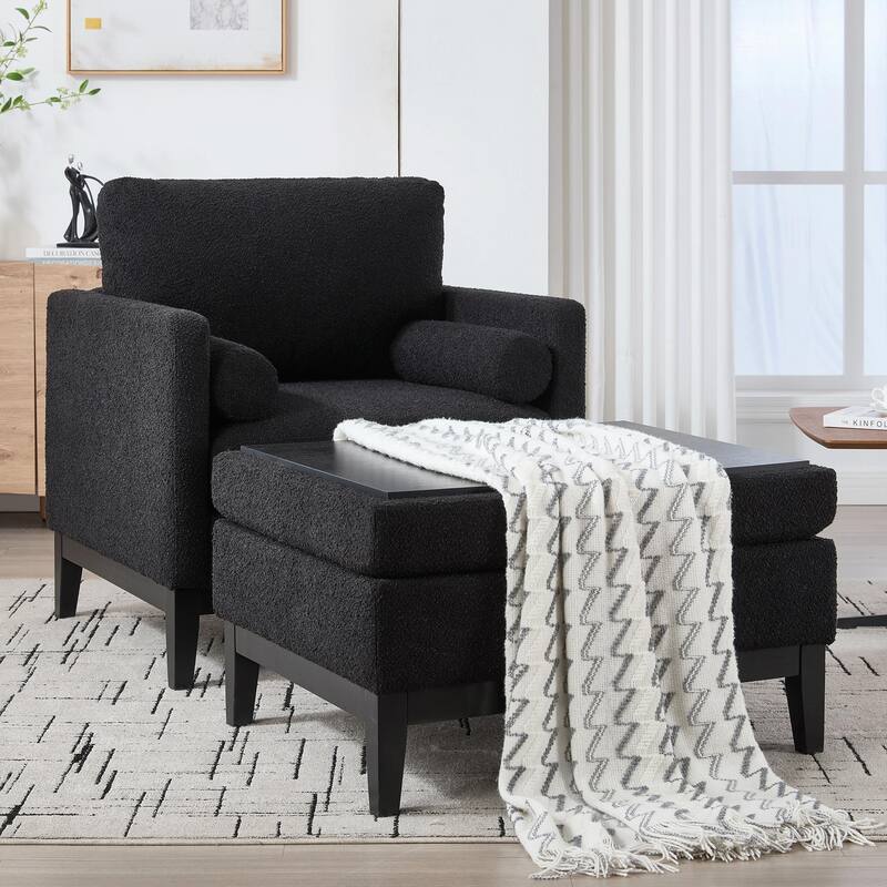 Boucle Armchair with Storage Ottoman - 300lb Capacity, Farmhouse Style