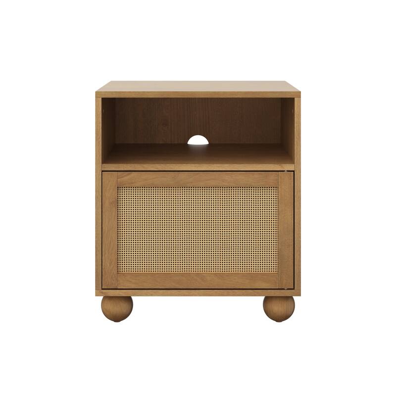 Franco Faux Rattan Side Table Nightstand with Storage, Rustic Bedside Table with Solid Wood Legs