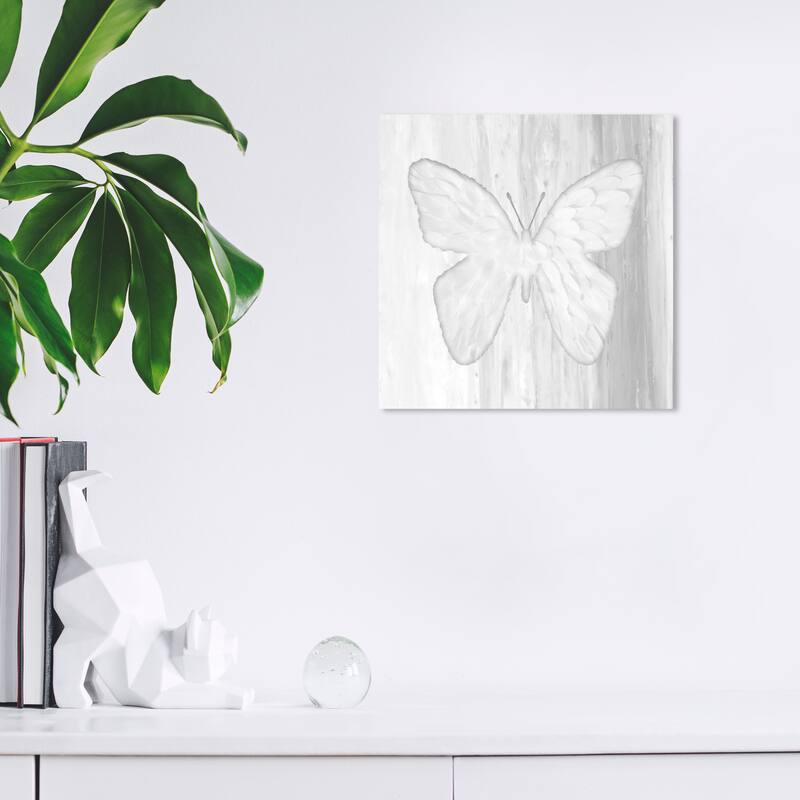 Wynwood Studio Canvas Fashion and Glam Butterfly and White Feathers White and Gray Modern & Contemporary Wall Art Canvas Print - 12 x 12