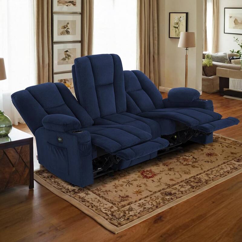 MCombo Electric Power Reclining Sofa with Massage and Lumbar Heat, Fabric 6015/6025/6035/6045 - Reclining Sofa - Blue