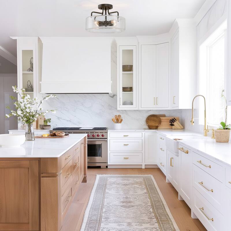 Modern Farmhouse 4-Light Glass Drum Semi-Flush Mount Ceiling Lights - W 12"x H 8"