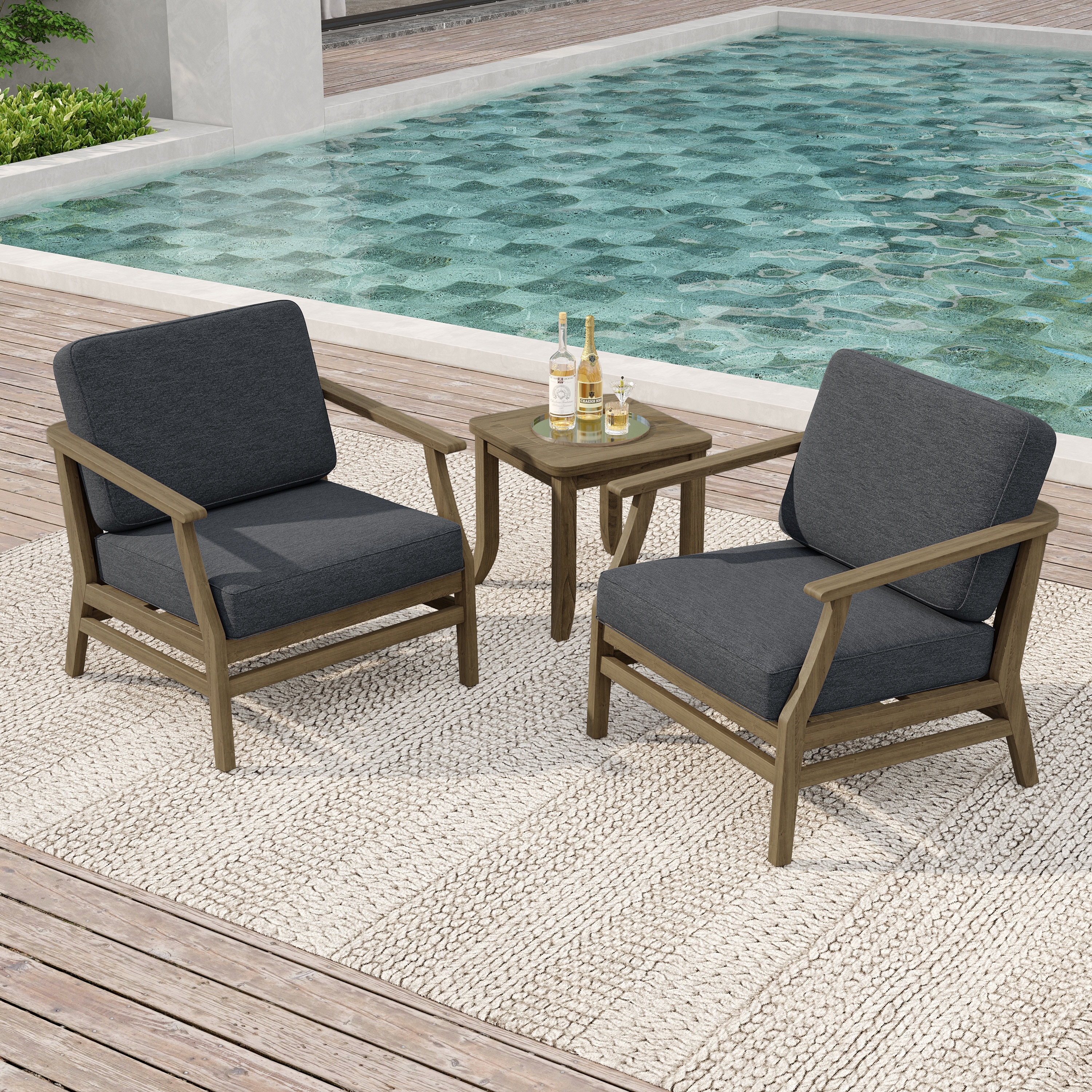 2 Set Patio Teak Wood Outdoor Chair and Side Table Set with Cushions