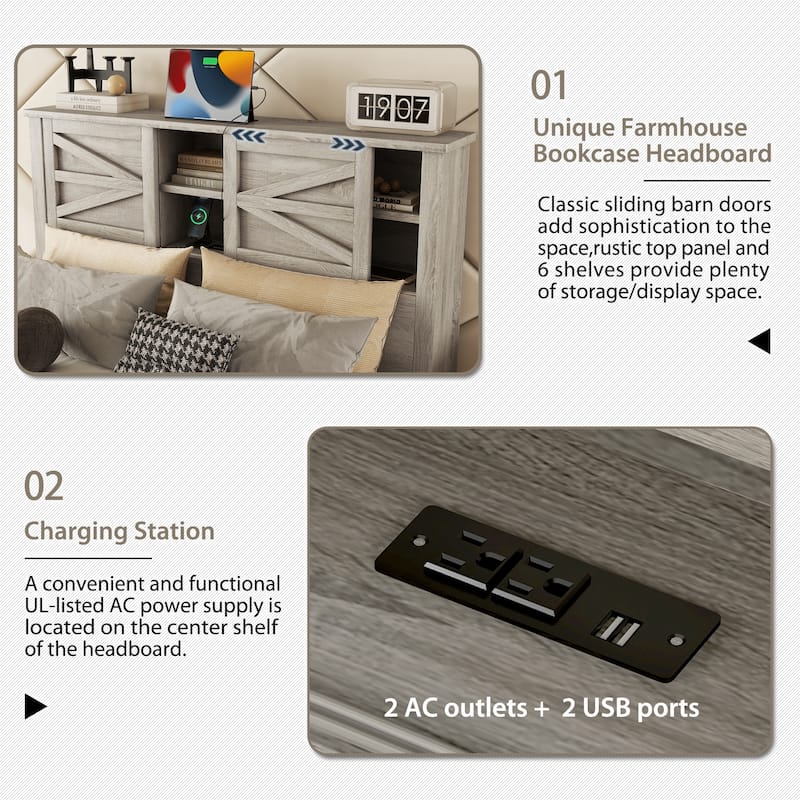 Full / Queen 3-Piece Bedroom Set with Platform Bed Storage Headboard USB Charging Nightstand and Dresser