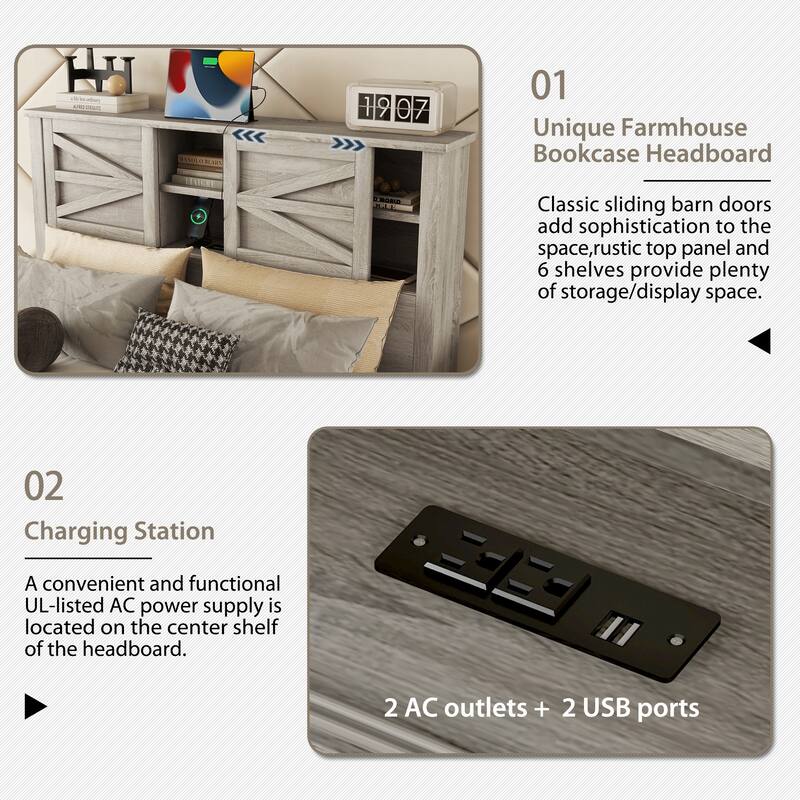 Double Sliding Barn Door Storage Headboard Wood Platform Bed Frame, Charging Station Bookcase Bed, Low Profile Bed