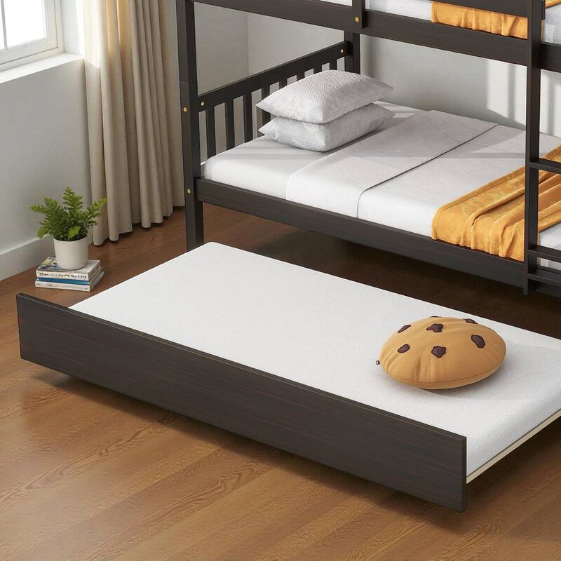 Twin Over Twin Rubber Wood Bunk Bed with Trundle, Convertible into Twin Beds, Ladder and Safety Guardrails