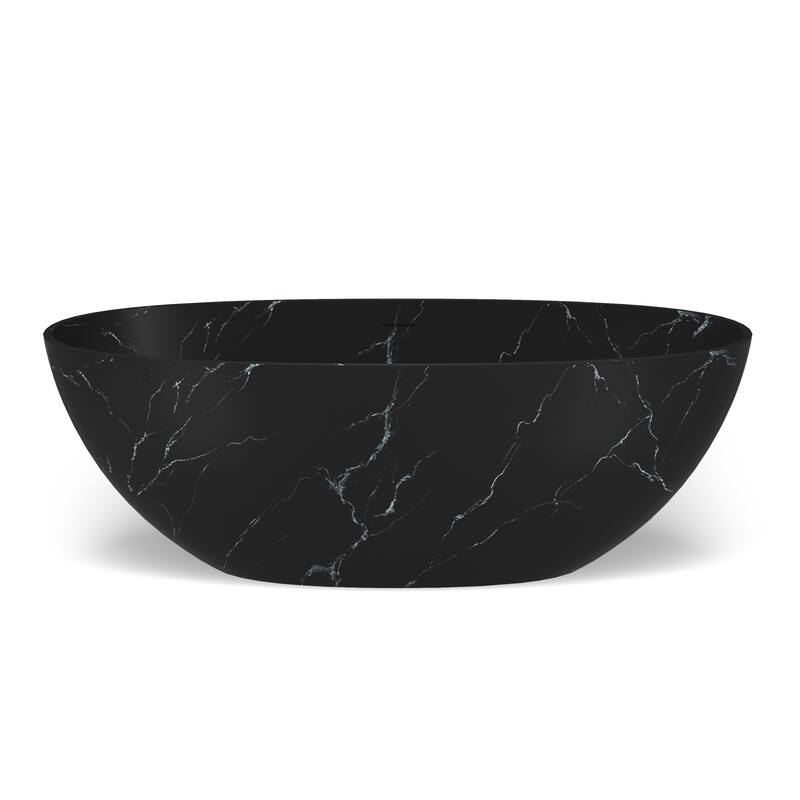 65 in. x 30 in. Solid Surface Freestanding Soaking Bathtub in Matte Black with Royal Misty Marble Pattern, Center Drain