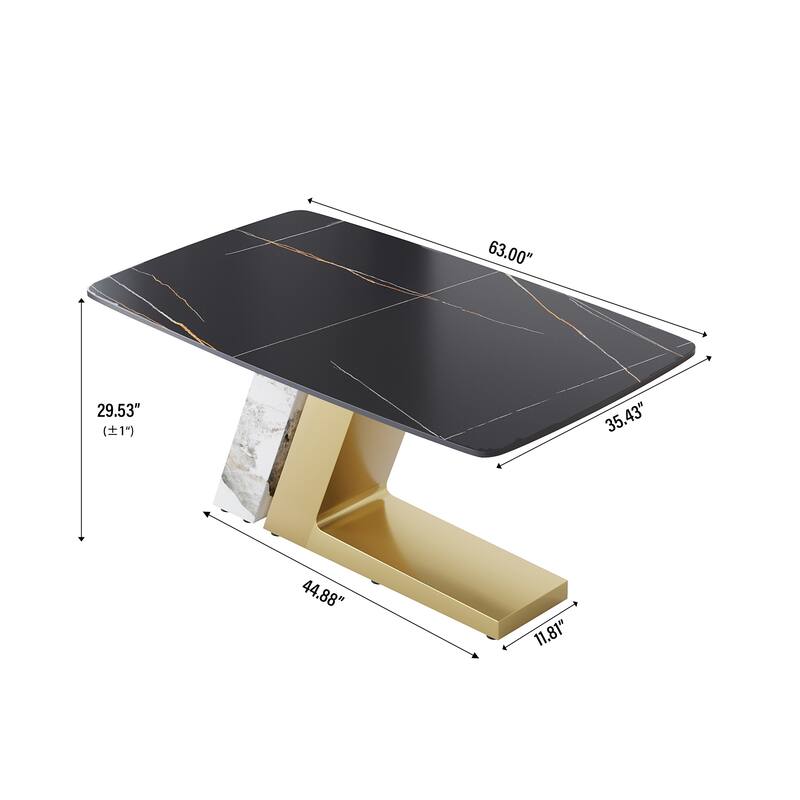Rectangle Dining Table Faux Marble Tabletop Sintered Stone Panel with Stainless Steel Pedestal