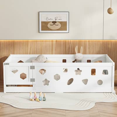 Solid Wood Montessori Floor Bed Frame without Slats, Wooden Geometric Shaped Floor Bed with Fence and Door