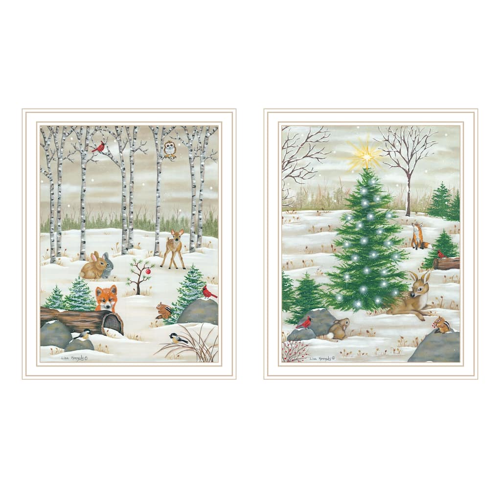 2-Piece Framed Wall Art Set - Woodland Critters for Christmas, White Frame