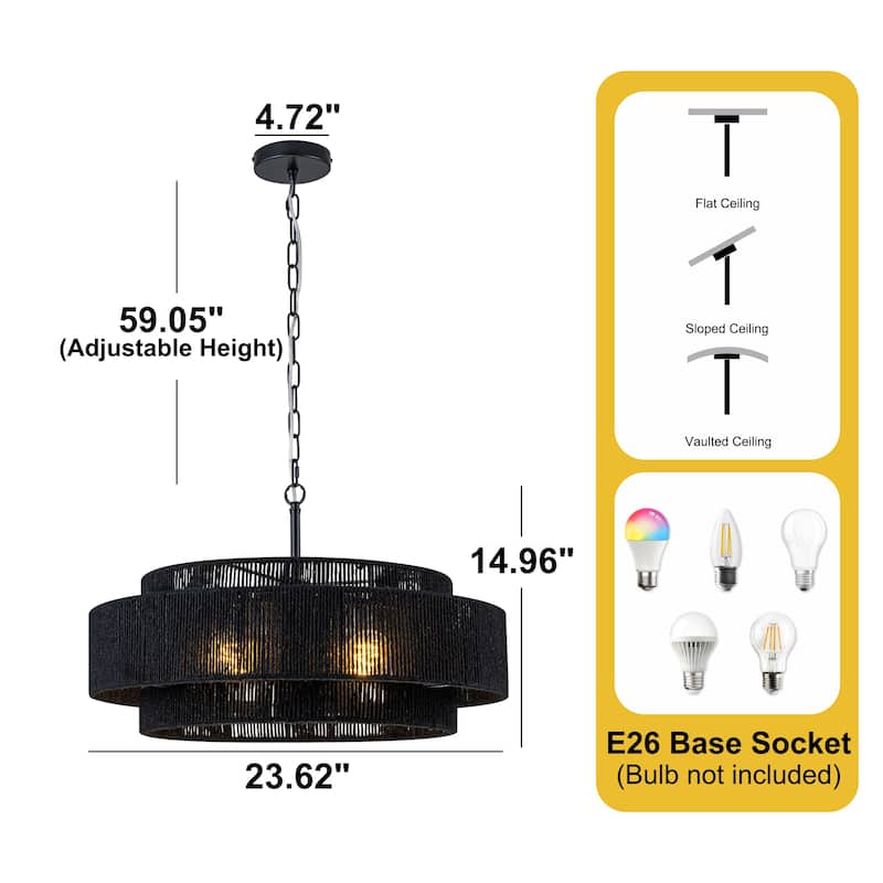 Starsky 4-light Rattan Hand-Woven Hemp Rope Chandelier