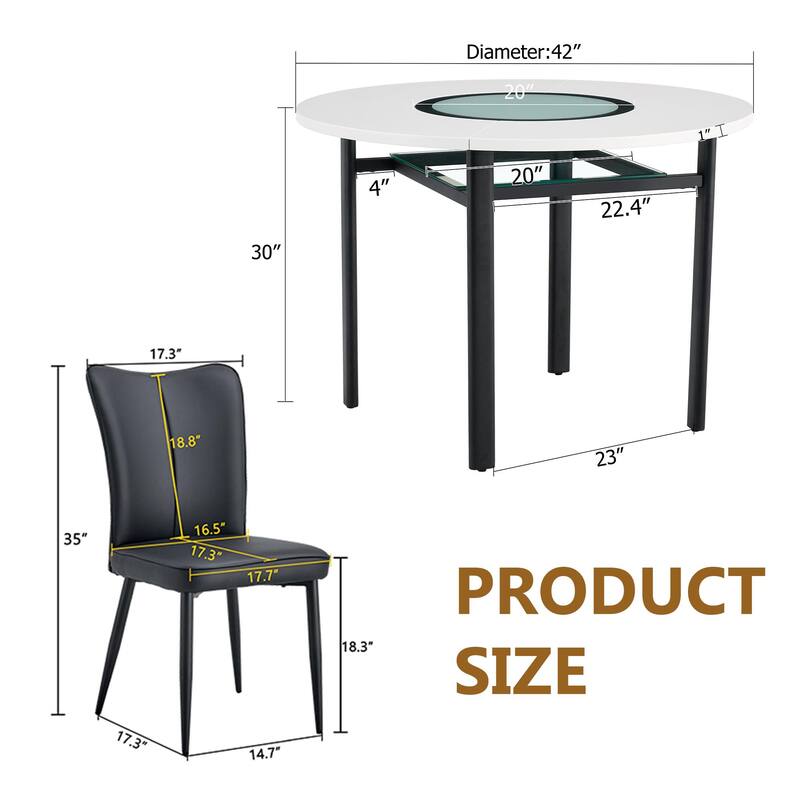 7 Piece Dining Table Set with 42 Inch Round Top Glass Insert and 6 PU Chairs Striped Backrest