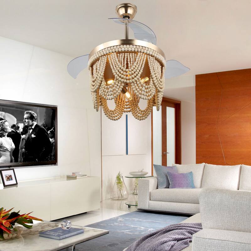 Cusp Barn 42 Inch Boho Retractable Ceiling Fan with Remote, Coastal 6 Speeds Fandelier, Farmhouse Caged Wood Beaded Ceiling Fan