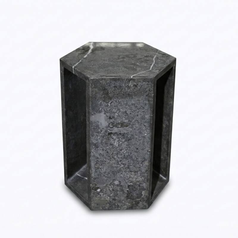 Roomfitters Luxury Natural Marble Hexagon Side Table, Solid Stone Geometric Pedestal End Table, Polished Finish