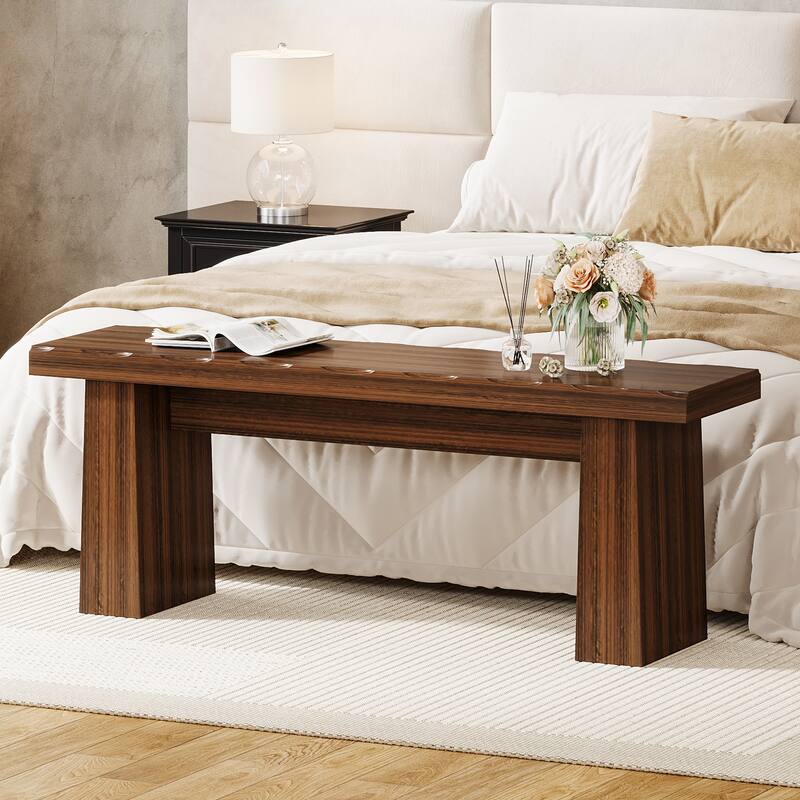 47'' Wood Bench with Double Pedestal for Entryway Kitchen Bedroom - Walnut